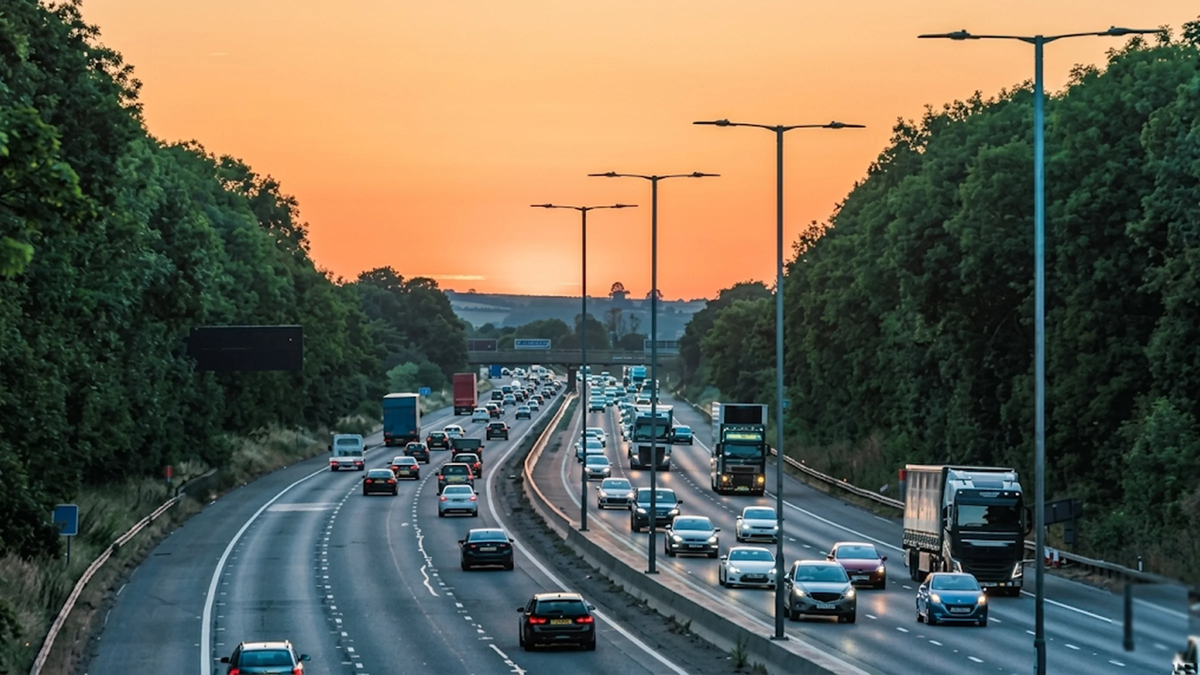 Premium airport transfer from Leeds — Mercedes Vito on motorway at dusk