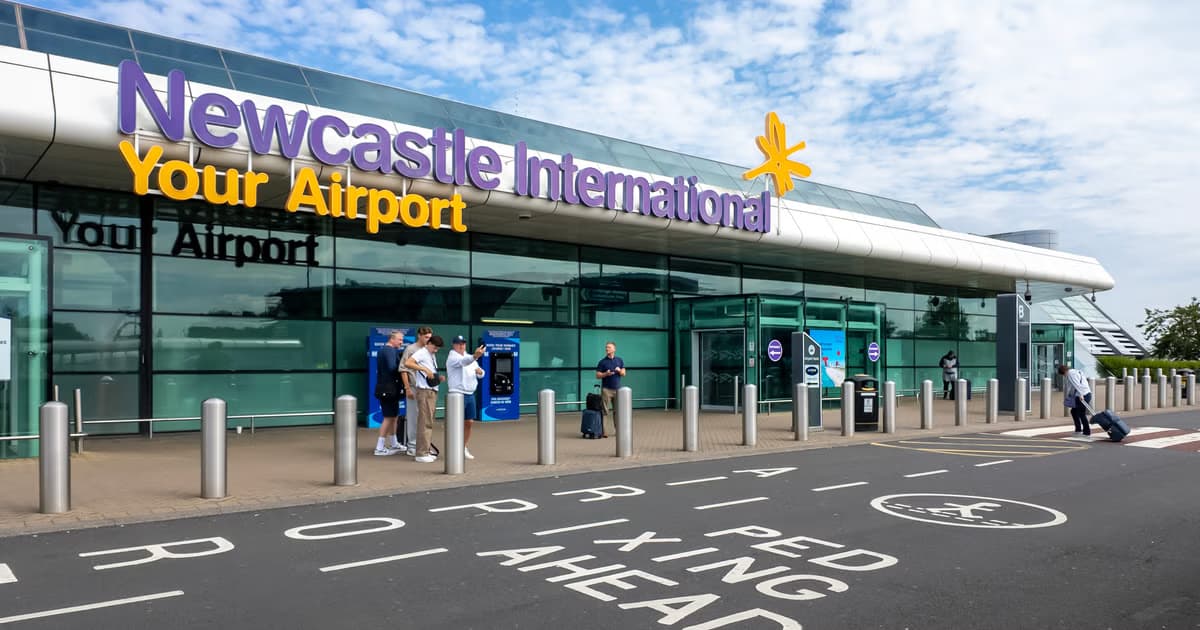 Newcastle International Airport terminal — Ridecore Travel fixed-price 8-seater transfers from Leeds